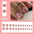Unghie finte corte squadrate rosa tè al latte con design ondulato glitter francese - Stile Colla Francese Rosa (W1088)