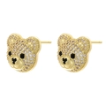 Hip hop style gold teddy bear stud earrings with sparkling white and black cubic zirconia stones - Bear Head / Gold White Zirconia