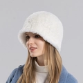 Women's white faux fur bucket hat with fluffy texture for winter warmth and comfort - White