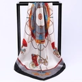 Equestrian print satin square scarf featuring vintage carriage and chain patterns - Carriage Grey (SD90-03-2)