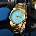 Close-up of gold steel watch with tiffany blue waffle dial and date window display - 11-Gold Case Tiffany Blue Dial