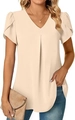 Detail of apricot V-neck chiffon blouse featuring elegant petal sleeves and pleated front - S / Apricot