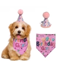 Pink dog birthday girl party set with sparkling cone hat and bandana for small dogs - Pink Hat + Paw Print Bandana