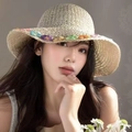 Beige straw sun hat with colorful floral embroidery and bow detail for summer - Colorful Flowers Beige