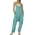 Detail of teal spaghetti strap jumpsuit showing deep V-neck and oversized pockets - Emerald