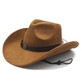 Brown faux suede western cowboy hat with cattle skull buckle and windproof strap - M (56-58cm) / Khaki