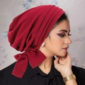 Deep red velvet turban cap with large side bow decoration for women fashion - Red