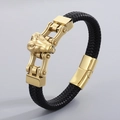 Men's black braided leather bracelet featuring a polished gold lion head charm - Gold Crocodile Head (KB153084-KFC)