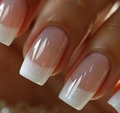 Close-up of French tip press-on nails with pink base and white glitter square tips - White Glitter French Style (CW542)