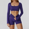 Deep purple seamless yoga set with square neck long sleeve crop top and high waist shorts - S / Long Sleeve + Shorts / Navy Blue