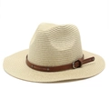 Classic beige straw jazz hat with brown leather band for outdoor sun protection - M (56-58cm) / Beige