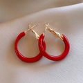 Detailed close-up of glossy red round hoop earrings with gold metal posts on silk cloth - 34# Silver Pin Enamel Round Hoop Earrings
