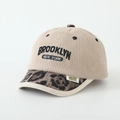 Detail of beige corduroy texture and leopard print brim on children's baseball cap - Brooklyn / Khaki