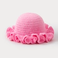 Pink handmade crochet knit bucket hat with elegant ruffled brim and soft yarn texture - One Size / Light Pink