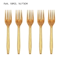 Detailed view of ten golden plastic party forks with textured handles 16.1cm length - Plastic Forks 10PCS