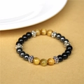Beaded natural tiger eye bracelet with black agate beads and silver metal spacers - 19cm/8mm Bead Diameter / Gold Tiger Eye