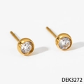 Minimalist gold-plated stainless steel round stud earrings with clear cubic zirconia stones - Gold Stud Earrings (DEK3272)