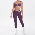 Deep purple two-piece yoga set with contrast trim and crossover waist wide-leg pants - S / Deep purple