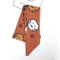 Orange long silk scarf hair ribbon with cute cartoon cat and paw prints pattern - Cat