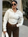 Slim fit white zip-up hoodie with waist cinching design and drawstring hood for women - S / White