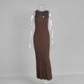 Detailed texture of dark brown V-neck sleeveless knitted long dress with ribbed pattern - S / Brown