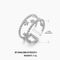 Adjustable silver stainless steel double layer ring featuring stars and bead texture - Double Layer Beaded Open Style / Steel Color Star Ring