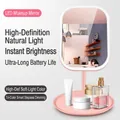 Pink LED makeup mirror with smart tri-color dimming and storage base for desk - Square Mirror/Round Base / Pink