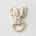 Baby teething ring with beige floral bunny ears made of organic cotton and natural wood - Little Floral