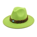 Detail of neon green wool fedora hat with woven band and oval blue stone buckle - M (56-58cm) / Fruit Green