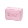 Pink nylon makeup bag featuring embroidered MOM chenille letter patches with gold glitter - L / Light Pink