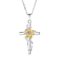 925 Sterling silver sunflower cross necklace with yellow petal details on white background - DY871 Sunflower Design / Two-tone Gold with Cross Chain