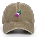 Detailed embroidery of a colorful beverage bottle on a khaki washed cotton baseball cap - Khaki