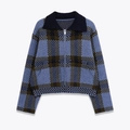 Women's plaid knit jacket with lapel and zipper in blue and olive green check pattern - S / Plaid