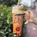 40oz cream insulated tumbler with handle featuring European town and sunflower patterns - 1250ml / Sunflower Town