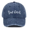 Vintage distressed baseball cap in navy denim with Bad Bitch embroidery and ripped detail - Distressed Navy Blue