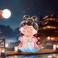 Cute Siamese cat resin figure as Chang'e with rabbit in pink hanfu under full moon - Chang'e with Rabbit Figurine