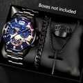 Men's black quartz watch set with cross necklace Cuban bracelet and spinning ring - Black Blue Set (No Box)