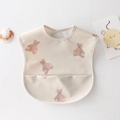 Waterproof baby feeding bib in beige with cute brown bear patterns and a large pocket - Pu No-wash Abdominal Bra - Mika Bear / One Size