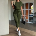 Women's two-piece set featuring army green short sleeve top and cargo jogger pants - Green