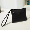 Classic black litchi grain leather coin purse with golden zipper and wrist strap - Black