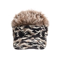 Detail of camouflage visor cap featuring realistic curly synthetic hair on top - Brown Wig Woodland Camo