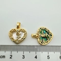 Detail of 18K gold-plated heart charms with shell inlays showing size on ruler - Heart Rose (Abalone Shell)
