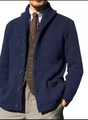 Detailed texture of navy blue chunky knit cardigan with vintage buttons for men - Navy Blue