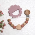 Morandi pink flower silicone teether with wooden pacifier clip on white knit background - Lion Teether + Beaded Chain / Brick Red