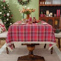 Classic red and black plaid Christmas tablecloth with tassels on a wooden dining table - Yarn-Dyed Red Plaid with Dense Tassels