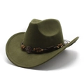 Classic olive green wide brim western cowboy wool felt hat with ethnic beaded band - M (56-58cm) / Army Green