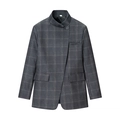 Dames blazer met donkergrijs ruitpatroon, opstaande kraag en asymmetrische knoopsluiting - S / donkergrijs
