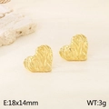 Golden heart-shaped stainless steel stud earrings with textured relief and metallic luster - Style C-Heart Pleated (KE113393-KFC)