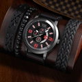 Men's business black quartz watch set with leather straps and braided bracelets - Black and Red Set