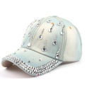 Detail of light blue denim baseball cap with water-drop crystals and studded brim - Light Blue